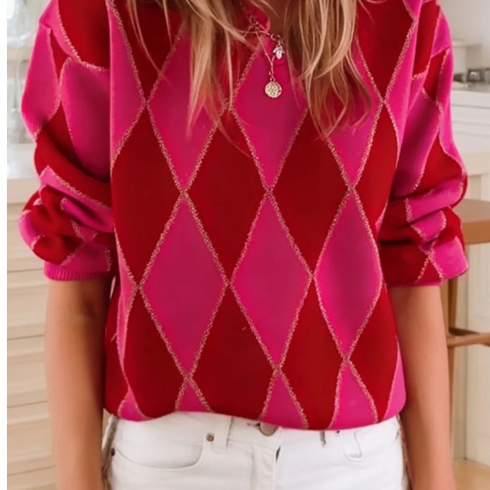 Stylish Pink and Red Argyle Women's Top